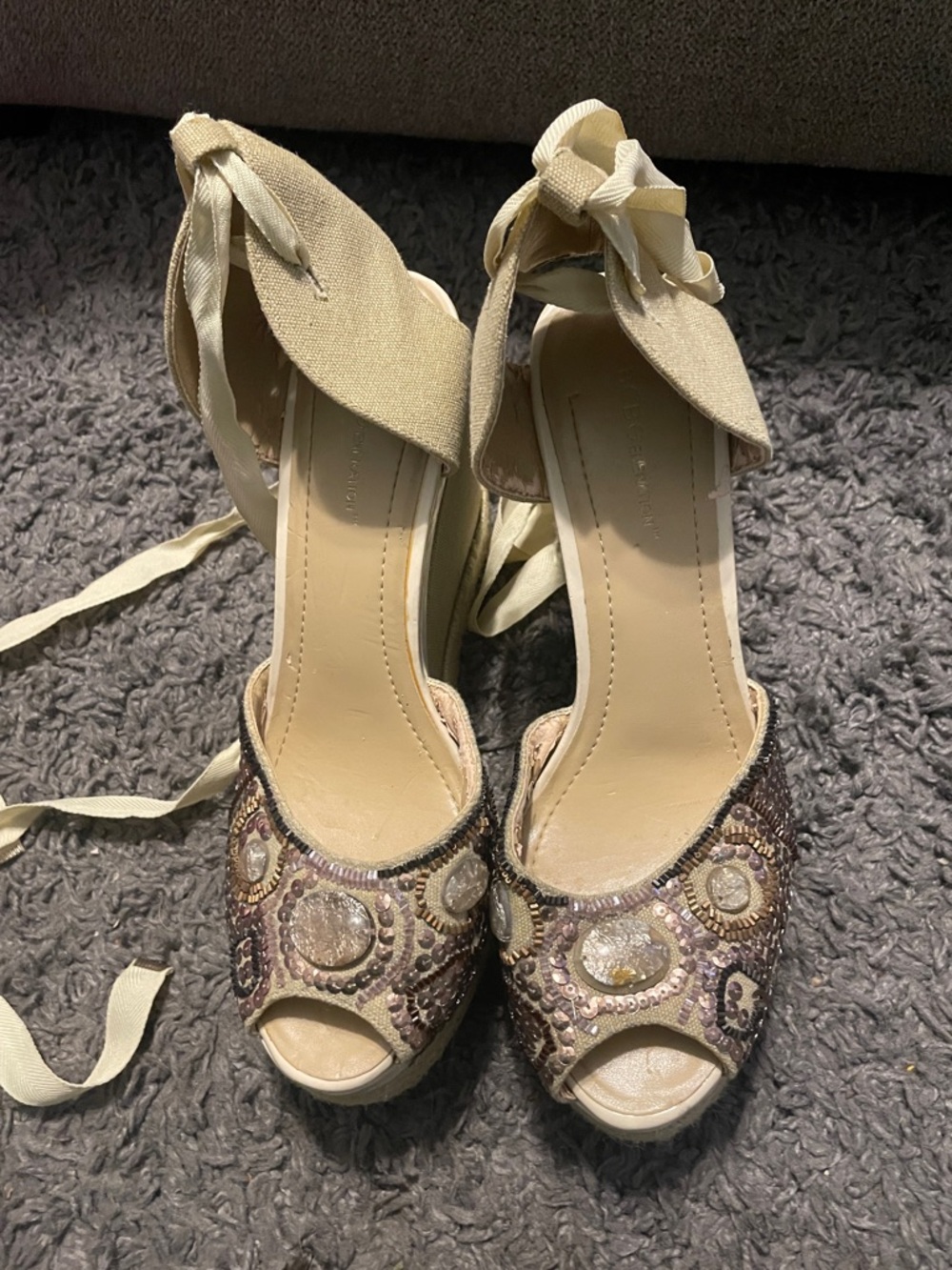 BCBGeneration Cream Espadrille Wedge Sandals with Beaded Embellishment